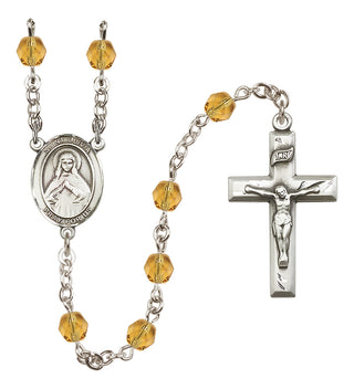 Silver Plated 6mm Fire Polished Saint Olivia Rosary in Topaz