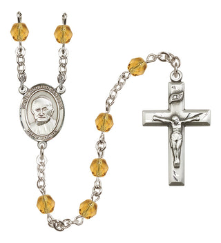 Silver Plated 6mm Fire Polished Saint Arnold Janssen Rosary in Topaz