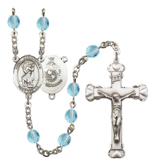 Saint Christopher and Marines Rosary with Aqua Beads