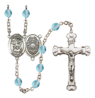 Silver Plated 6mm Fire Polished Saint Michael the Archangel/Policeman Rosary in Aqua