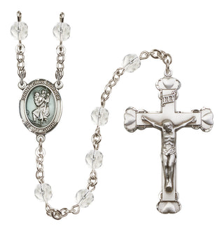 Hand Made Silver Plate Rosary with 6mm Fire Polished Crystal Beads featuring a Saint Christopher Center.