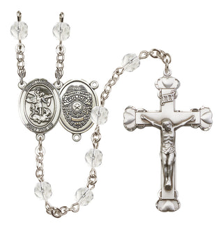 Silver Plated 6mm Fire Polished Saint Michael the Archangel/Policeman Rosary in Crystal