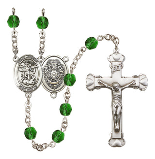 Silver Plated 6mm Fire Polished Saint Michael the Archangel/Policeman Rosary in Emerald