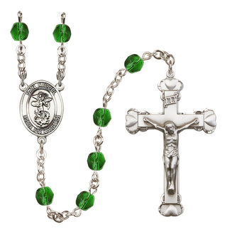 Silver Plated 6mm Fire Polished San Miguel Arcangel Rosary in Emerald