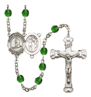 Saint Sebastian and Skiing Rosary with Emerald Beads