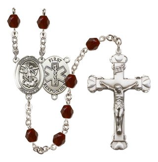 Silver Plated 6mm Fire Polished Saint Michael/1St Responder Rosary in Garnet