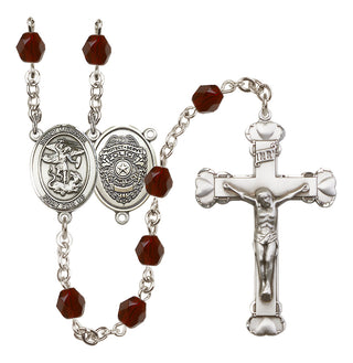 Silver Plated 6mm Fire Polished Saint Michael the Archangel/Policeman Rosary in Garnet
