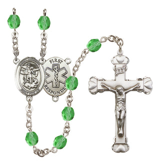 Silver Plated 6mm Fire Polished Saint Michael/1St Responder Rosary in Peridot