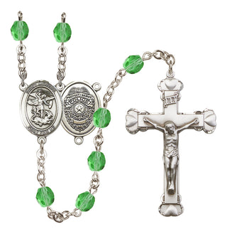 Silver Plated 6mm Fire Polished Saint Michael the Archangel/Policeman Rosary in Peridot