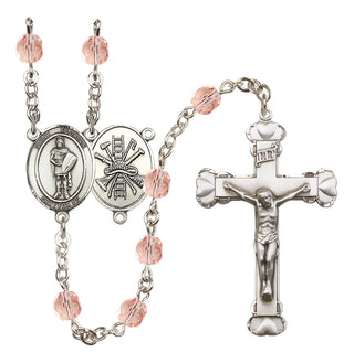 Silver Plated 6mm Fire Polished Saint Florian/Firefighter Rosary in Pink
