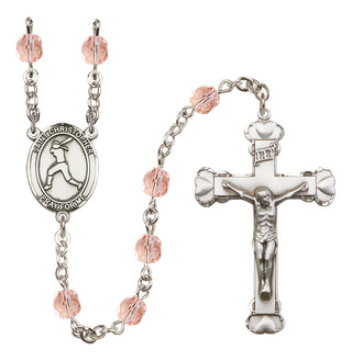 Silver Plated 6mm Fire Polished Saint Christopher/Softball Rosary in Pink