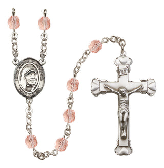 Silver Plated 6mm Fire Polished Saint Teresa of Calcutta Rosary in Pink