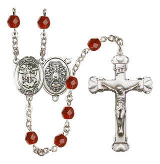 Silver Plated 6mm Fire Polished Saint Michael the Archangel/Policeman Rosary in Ruby