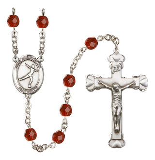 Hand Made Silver Plate Rosary with 6mm Fire Polished Ruby Beads featuring a Saint Christopher/Figure Skating Center.