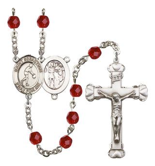 Saint Sebastian and Basketball Rosary with Ruby Beads