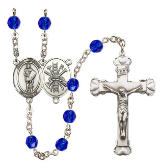 Silver Plated 6mm Fire Polished Saint Florian/Firefighter Rosary in Sapphire