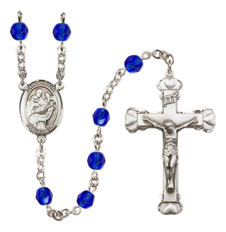 Silver Plated 6mm Fire Polished Saint Jason Rosary in Sapphire