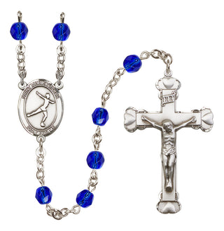 Hand Made Silver Plate Rosary with 6mm Fire Polished Sapphire Beads featuring a Saint Christopher/Figure Skating Center.