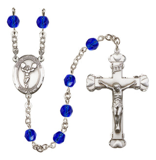 Silver Plated 6mm Fire Polished Saint Christopher/Cheerleading Rosary in Sapphire