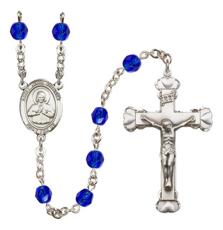 Silver Plated 6mm Fire Polished Saint John Vianney Rosary in Sapphire