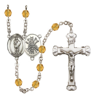 Silver Plated 6mm Fire Polished Saint Florian/Firefighter Rosary in Topaz