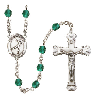 Hand Made Silver Plate Rosary with 6mm Fire Polished Zircon Beads featuring a Saint Christopher/Figure Skating Center.