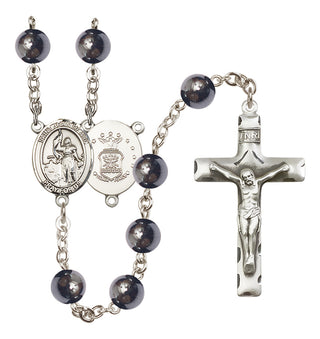 Silver Plated 8mm Hematite Saint Joan of Arc / Air Force Rosary
