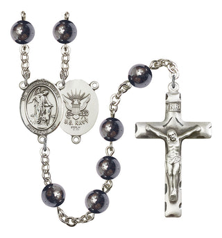 Guardian Angel and Navy Rosary with Hematite Beads