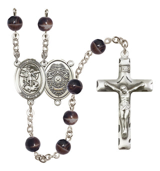 Silver Plated 7mm Brown Saint Michael the Archangel/Policeman Rosary