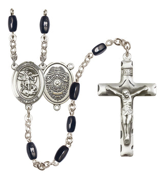 Silver Plated 8x5mm Black Saint Michael the Archangel/Policeman Rosary