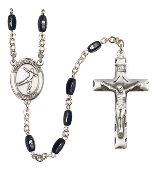 Hand Made Silver Plate Rosary with 8x5mm Black Onyx Beads featuring a Saint Christopher/Figure Skating Center.