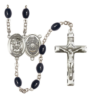 Silver Plated 8x6mm Black Saint Michael the Archangel/Policeman Rosary