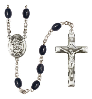 Silver Plated 8x6mm Black Saint Michael the Archangel Rosary