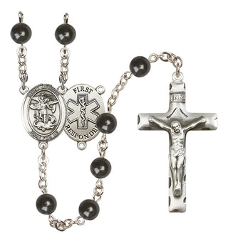 Silver Plated 7mm Black Saint Michael/1St Responder Rosary