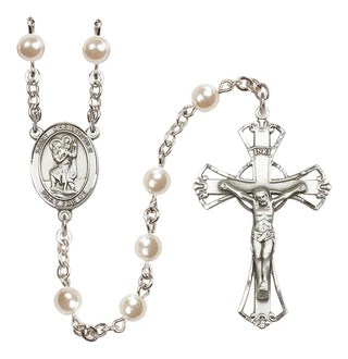 Silver Plated 6mm Faux Pearl Saint Christopher Rosary
