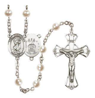 Silver Plated 6mm Faux Pearl Saint Christopher / Air Force Rosary
