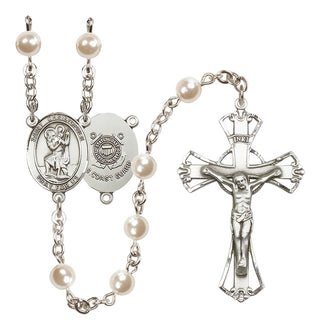Silver Plated 6mm Faux Pearl Saint Christopher / Coast Guard Rosary