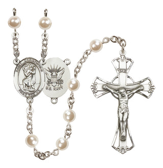 Silver Plated 6mm Faux Pearl Saint Christopher / Navy Rosary