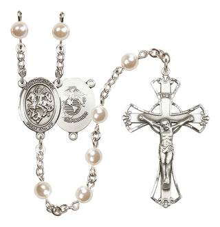 Silver Plated 6mm Faux Pearl Saint George / Marines Rosary