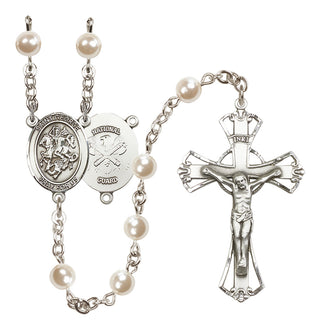 Silver Plated 6mm Faux Pearl Saint George / Nat'l Guard Rosary