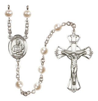 Silver Plated 6mm Faux Pearl Saint Lawrence Rosary