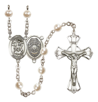Silver Plated 6mm Faux Pearl Saint Michael the Archangel/Policeman Rosary