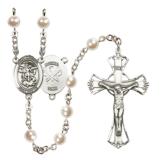 Silver Plated 6mm Faux Pearl Saint Michael / Nat'l Guard Rosary