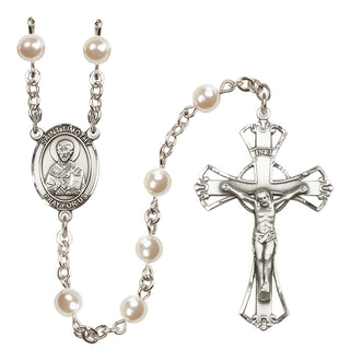 Silver Plated 6mm Faux Pearl Saint Timothy Rosary