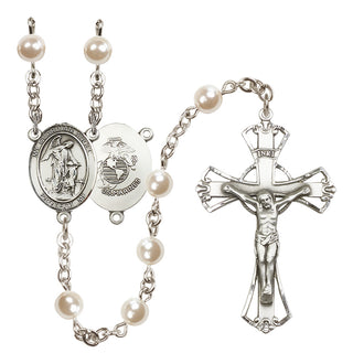 Silver Plated 6mm Faux Pearl Guardian Angel / Marine Corp Rosary
