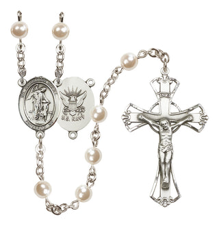 Silver Plated 6mm Faux Pearl Guardian Angel / Navy Rosary