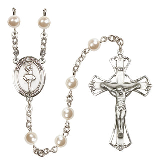 Silver Plated 6mm Faux Pearl Saint Christopher/Dance Rosary