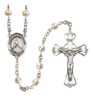 Silver Plated 6mm Faux Pearl Saint Christopher/Ice Hockey Rosary