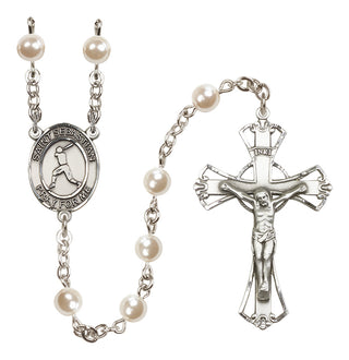 Silver Plated 6mm Faux Pearl Saint Sebastian/Baseball Rosary