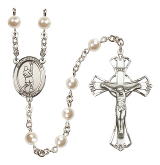 Silver Plated 6mm Faux Pearl Saint Sebastian/Lacrosse Rosary
